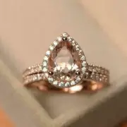 3Ct Pear Cut Simulated Peach Morganite Bridal Ring Set 925 Silver Gold Plated