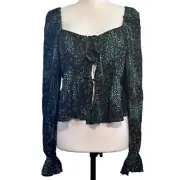 TopShop Crop Top Sz 6 Tie Front Bell Sleeve Mixed Print Black Green Blue NWT