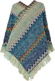 [Generic] Women's Shawls Women Nationl Print Colourful Splice Poncho With Tassels Knitted Shawl Scarf Fringed Wraps Pashminas Sweater Pullover Cape Gifts For Women Sweater Tassel Hem Sweater Dress with Belt
