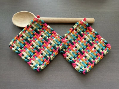 Handmade Set of 2 Artisan Potholders Colorful Woven Loomed Hot Pads Trivet Gift