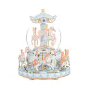 Catzon Carousel Snow Globe with Light Music Box Birthday Gift for Girls-Blue