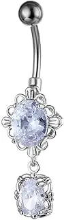[Niaspi] 14G Oval CZ Crystal Dangle Belly Button Rings for Women 316L Surgical Steel Flower Belly Navel Ring 3/8" 10mm Curved Navel Barbell Dangling Body Piercing Jewelry