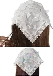 Butterfly Chiffon Hair Bandanas Triangle Floral Hair Scarf Headband Print Lace Head Kerchief for Women Girls(2 Pcs) (White, One size)