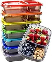 Youngever 7 Pack Bento Lunch Box, Meal Prep Containers, Re-usable 3 Compartment Plastic Divided Food Storage Container (Rainbow)