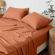 LINENOVA Vintage Washed Single Sheet Set - 3 Piece Premium 2000TC Ultra-Soft Microfiber Bed Sheets - Cotton-Like Texture - Breathable and Soft- Sheets & Pillowcases (Single, Rust)
