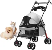 Pet Cat Dog Stroller with Cup Holder Tray, Pet Dog Strollers for Small Dogs, Pet Stroller Pushchair Dog Cat Travel Pram Carriage Foldable Cart Carrier, Adjustable Handle(Grey a)