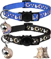 2PCS Breakaway Cat Collars with Bell Moons Stars Cute Kitty Adjustable Safe Kitten Collars with Pendant Glow in The Dark(Black&Blue)