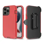 iPhone 14 Pro Rugged Armour Case Cover with 360o Rotation, Belt Clip, and Kickstand - Tough and Shockproof Protection - Red