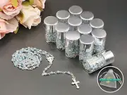 US 12 Blue Clear Rosary Necklace in Glass Silver Jar Perfect for Baptism Favor