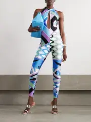 Emilio Pucci Cut Out Jumpsuit Celeste & Bianco White Blue L NWT $1550