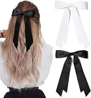 2PCS Silky Satin Hair Bows Hair Clip Black White Hair Ribbon Ponytail Holder Accessories Slides Metal Clips Hair Bow for Women Girls Toddlers Teens Kids
