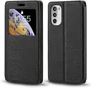 Invisible Magnetic View Window PU Leather Flip Case Compatible with Motorola Moto G82 5G, Smart Clear Display Cover with Full Protection (Black)