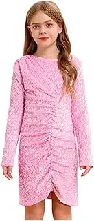 [Lejafay] Girls Sparkly Velvet Dress Sequin Long Sleeve Ruched Bodycon Wedding Pageant Party Pencil Dress
