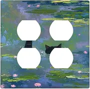 Decorative Light Switch Cover Plate Cute Black Cat Water Lily Pond Watercolor 2 Gang Decorative Switch Plates 1 Toggle Duplex Combo Outlet Covers GFCI Plug Covers Wallplates for Kids Room Nursery