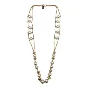 Vintage Signed HOBE Pearl And Rhinestone Gold Tone Necklace 46" Long