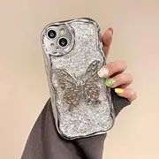 [PONRFEKT] Phone Case for Oppo A1X / A78 5G with Butterfly Invisible Stand,Cute Wave Frame Glitter Bling Design Case Ultra Thin Shockproof Protective Cover,Silver