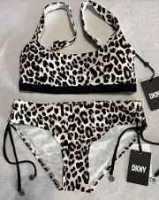 NWT DKNY Swimsuit Bikini Size XS Logo Tie Details Leopard Print