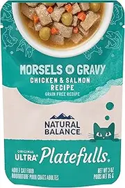 Natural Balance Platefulls Wet Adult Cat Food in Gravy 3 Ounce Pouches (Pack of 24), Protein Options Include Chicken, Salmon, Tuna, Beef, Duck, Cod, Sole or Shrimp