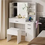 Advwin Dressing Table Stool Set LED Lights Make up Mirror Vanity Desk with Storage Drawers and Jewelry Armoire White
