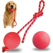 Red Rubber Dog Ball w Rope Heavy Duty Throw Tug Pull Tough Chew Training Pet Toy