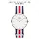 Daniel Wellington DW 手錶 Classic Canterbury 36mm細紋藍白紅織紋錶-白錶盤-銀框 DW00100051