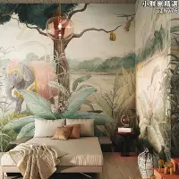 在飛比找Yahoo!奇摩拍賣優惠-進口壁畫大象建築牆布壁布客廳臥室熱帶雨林風景壁紙背景