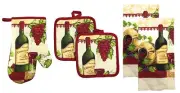5 pc SET: 2 POT HOLDERS,1 OVEN MITT & 2 TOWELS,WINE & GRAPES,1 BOTTLE & GLASS,KC