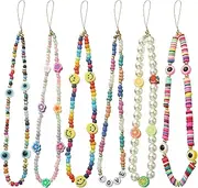 Moslyn 6PCS Beaded Phone Lanyard Wrist Strap Smiling Face Beaded Phone Charm Fruit Star Pearl Rainbow Color Phone Chain for Women Girls (Style3)