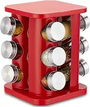 [TINMIX] Revolving Spice Rack Organizer with 12 Jars, Countertop Spice Seasoning Rack Tower with 12 Glass Jar Bottles Refillable for Kitchen Cabinet, Stainless Steel, Red