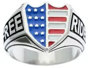 USA Flag Shield Ride Free mens Biker Enamel ring 316 Stainless Steel size 10 T54