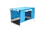 Wire Dog Cage Foldable Crate Kennel 42in with Tray + BLUE Cover Combo