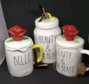 3 PieceSet Rae Dunn Disney Belle Beauty & The Beast Rose Mug Canister Cookie Jar