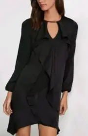 NWT BCBG MAXAZRIA SIZE L Satin Black Ruffle Long Sleeve Mini Shift Dress $198