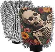 XYMZR Gothic Skeleton Garden Absorbent Microfiber Car Wash Mitt, Funny Cute Anime Scratch Free for Cars Cleaning, Home Cleaning Mitts, 2 Pack, 10.24” L x 7.09” W