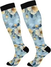 [AIXIWAWA] Socks-Yellow Blue Floral 1 Pair for Women Men, Knee High Long Socks for Athletic Casual Running, Multicolor