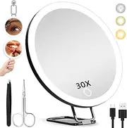 30X Magnifying Mirror with Light, Large 6'' Magnifying Makeup Mirror with Light 30x, Travel Mirror with 30X High Magnification Compact 30x Magnified Mirror with Light, 3 Suction Cup & Adjustable Stand