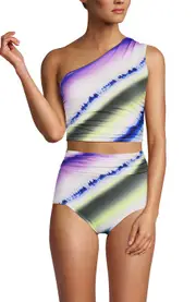 Lands' End D-Cup Ruched One Shoulder Tankini Top in Egret White Ombre Stripes at Nordstrom, Size 18