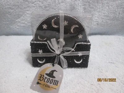 Broom & Co.Set Of 4 Halloween Coasters Holder Black Beaded W/Silver Moon & Stars