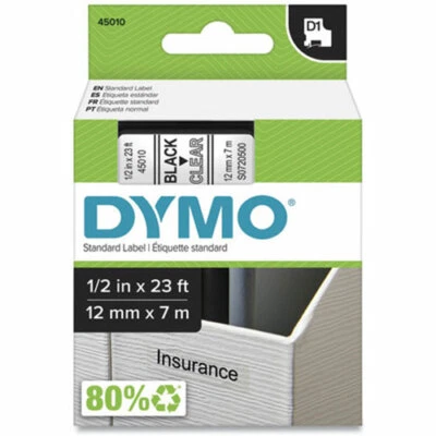 Dymo DYM45010 LabelManager 210D D1 Tape Cartridge, 1/2" x 23 ft, Black on Clear