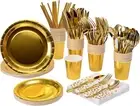 200Pcs Solid Gold Party Paper Plates & Napkins Cups Silverware Serves 25 Set
