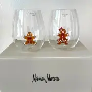 NEIMAN MARCUS Gingerbread Man Stemless Wine Glass Set of 2 Holiday Barware NEW
