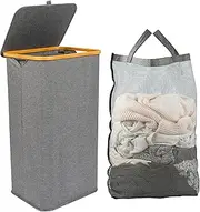 OKAM Laundry Hamper Large 100L Collapsible with Removable Inner Bag, Waterproof Grey Clothes Basket with Bamboo Frame