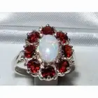 Luxury Ladies Solid 925 Sterling Silver Natural Opal & Garnet Large Cluster Ring