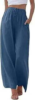 [Generic] Wide Leg Pants Women Linen Drawstring High Waist Palazzo Pants Flowy Comfy Fit Casual Lounge Trousers Summer 2025