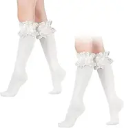 [UILYNIU] 2 Pairs Knee High Socks, Knee High Socks with Bows, White Frilly Socks Women Girls, Knee High White Socks, for Dancing, Cosplay, White, One size