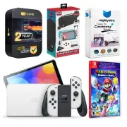 Nintendo Switch White OLED + Mario + Rabbids Sparks of Hope Game + Accessory Kit