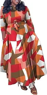 [Xuideoy] Casual Plus Size Maxi Dress for Women African Print Long Dress 3/4 Sleeve Flowy Ruffle Dress with Belt 2024 Summer, Square, X-Large