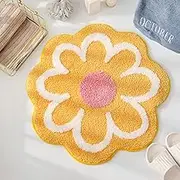 Cute Bath Mat, Soft Superfine Fiber Flower Floor Mat Bathroom, Non Slip Water Absorbent Rug Bath Mat Door Mats Rugs for Entrance Bedroom Kitchen Bathroom Toilet Floors 65 x 65cm (Yellow)