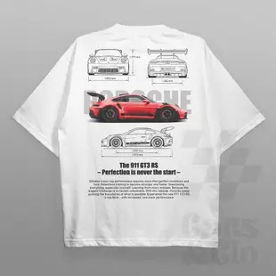 PORSCHE 汽車和 Clo 常規版型白色保時捷 911 GT3 RS 紅色藍圖 T 恤