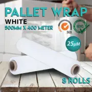 8 Rolls WHITE Hand Stretch Film 500mm x 400m 25U for Pallet Carton Shrink Wrap